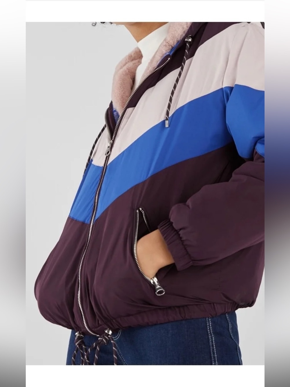 Bershka Chevron Colorblock Bomber Jacket in Purple, Blue & Cream